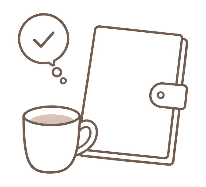 コーヒーと閉じた手帳、チェックマークのイラスト